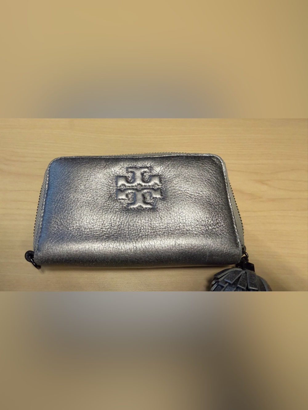 Tory Burch Metallic Silver Zip-Around Leather Wallet